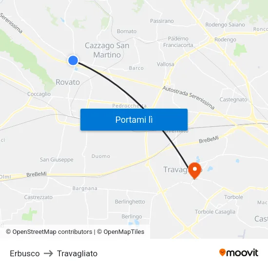 Erbusco to Travagliato map