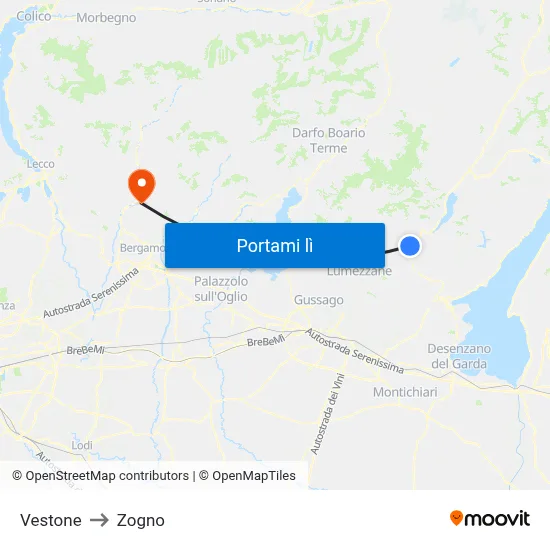 Vestone to Zogno map