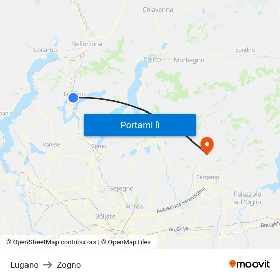 Lugano to Zogno map