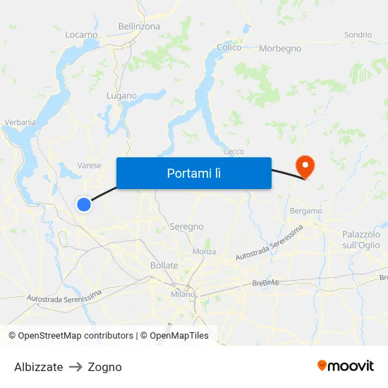 Albizzate to Zogno map