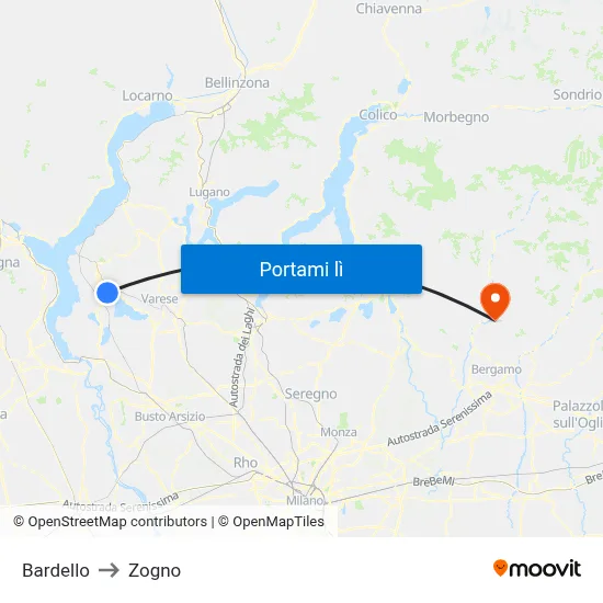 Bardello to Zogno map
