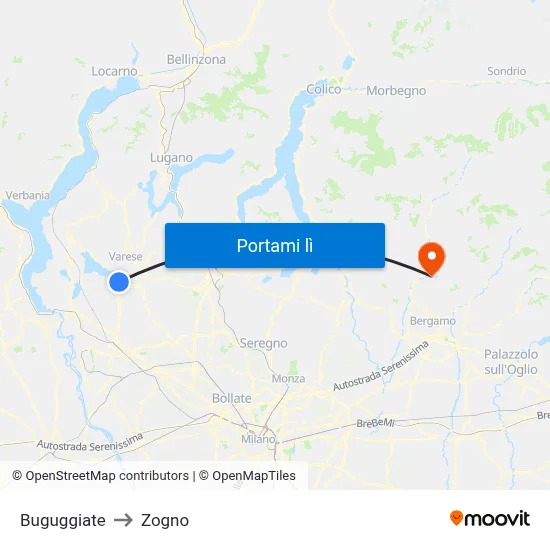 Buguggiate to Zogno map