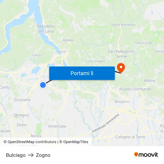 Bulciago to Zogno map
