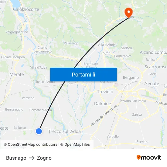 Busnago to Zogno map