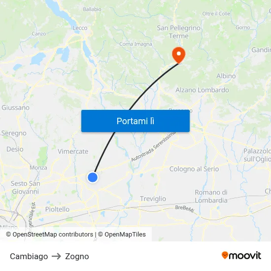 Cambiago to Zogno map