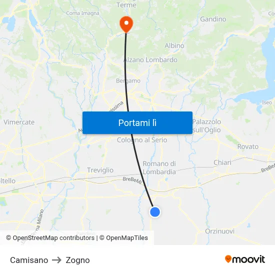 Camisano to Zogno map