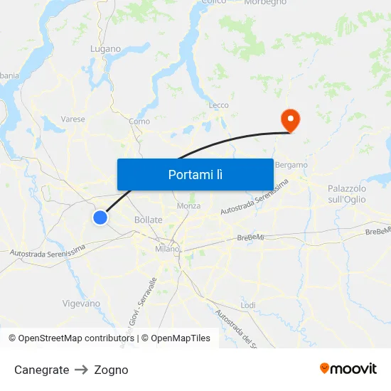 Canegrate to Zogno map