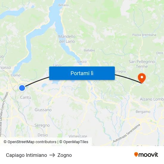Capiago Intimiano to Zogno map