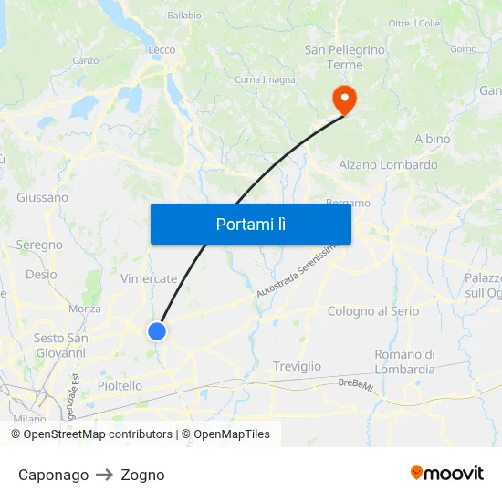 Caponago to Zogno map