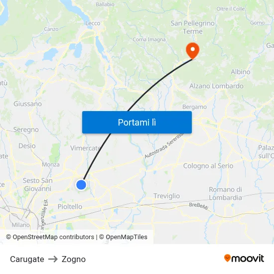 Carugate to Zogno map
