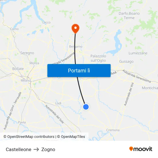 Castelleone to Zogno map