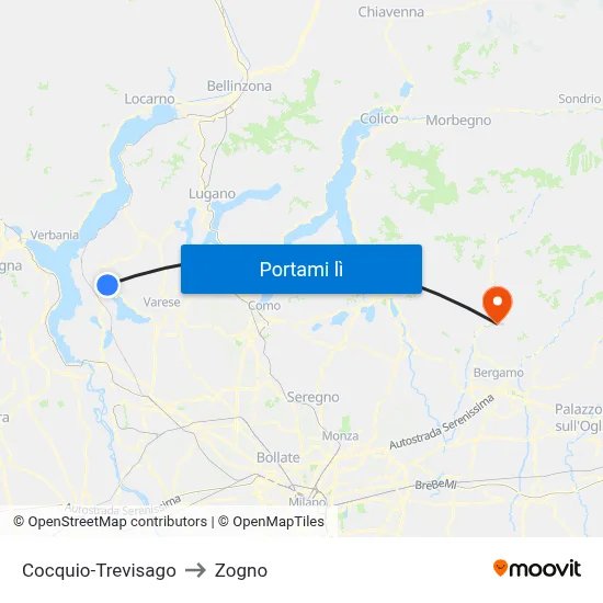 Cocquio-Trevisago to Zogno map