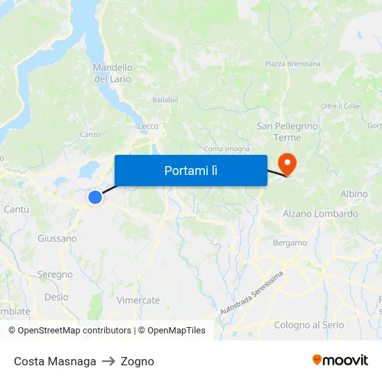 Costa Masnaga to Zogno map