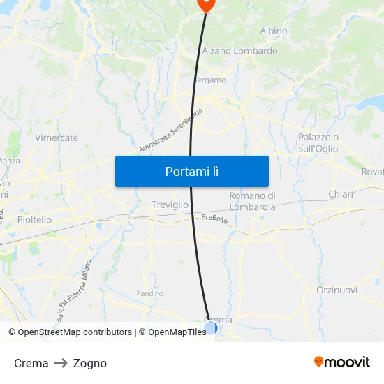 Crema to Zogno map