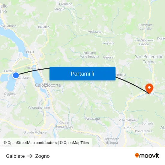 Galbiate to Zogno map