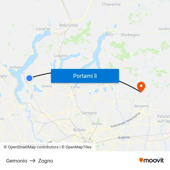 Gemonio to Zogno map