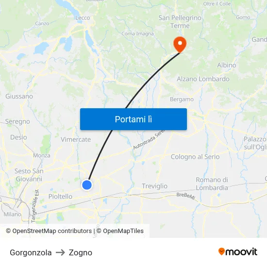 Gorgonzola to Zogno map