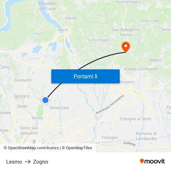 Lesmo to Zogno map