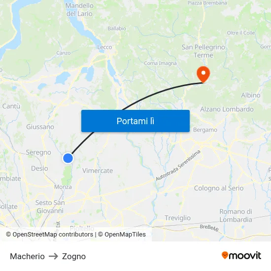Macherio to Zogno map