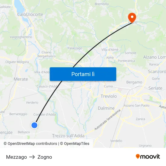Mezzago to Zogno map
