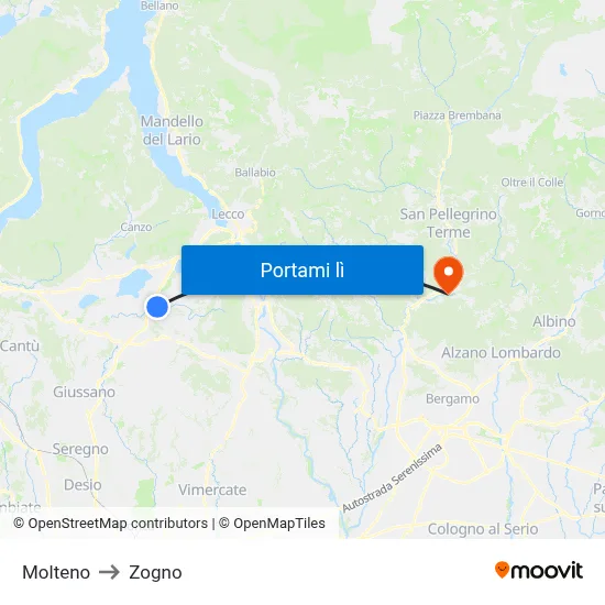 Molteno to Zogno map
