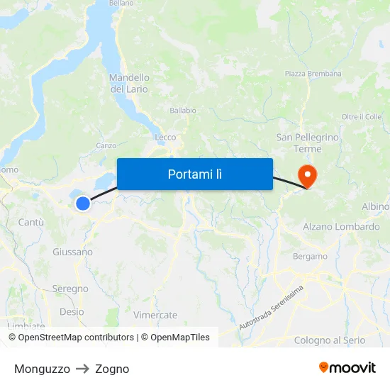 Monguzzo to Zogno map