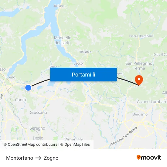 Montorfano to Zogno map