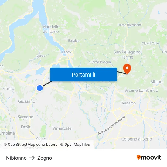 Nibionno to Zogno map