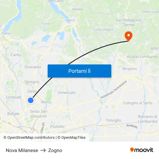 Nova Milanese to Zogno map