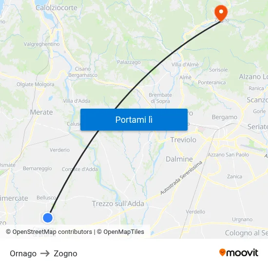 Ornago to Zogno map