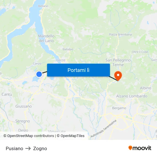 Pusiano to Zogno map
