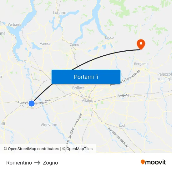 Romentino to Zogno map