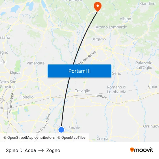 Spino D' Adda to Zogno map