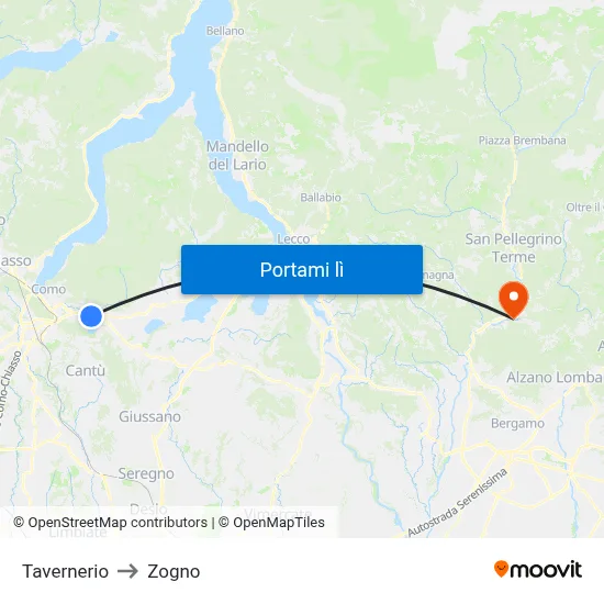 Tavernerio to Zogno map