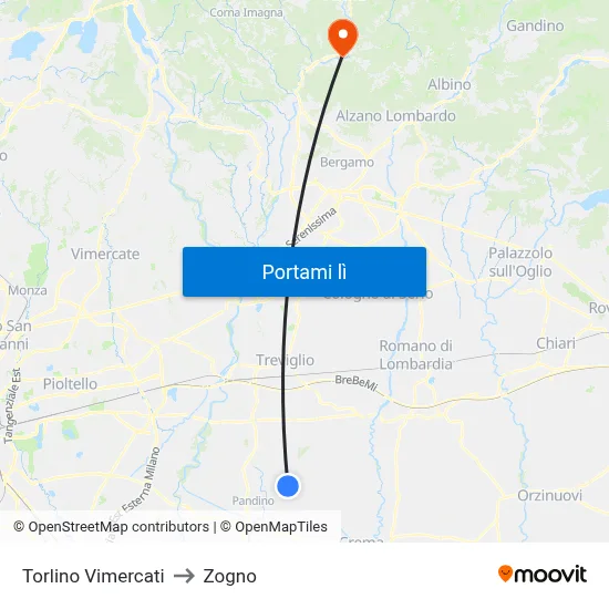 Torlino Vimercati to Zogno map