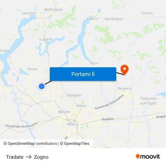 Tradate to Zogno map