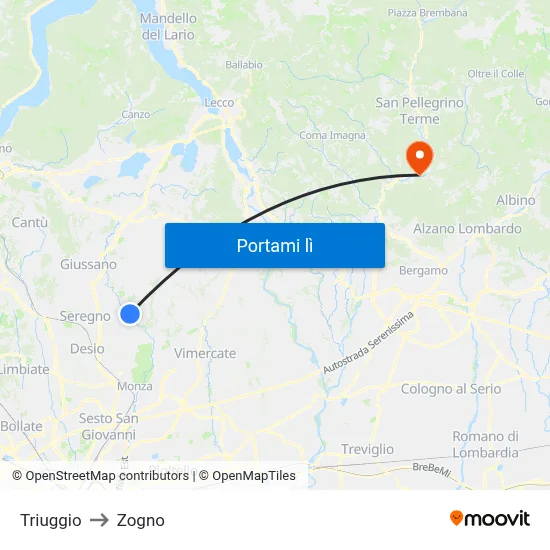 Triuggio to Zogno map