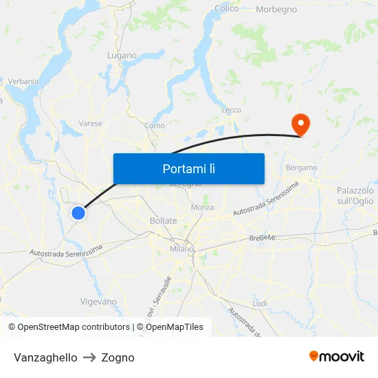 Vanzaghello to Zogno map