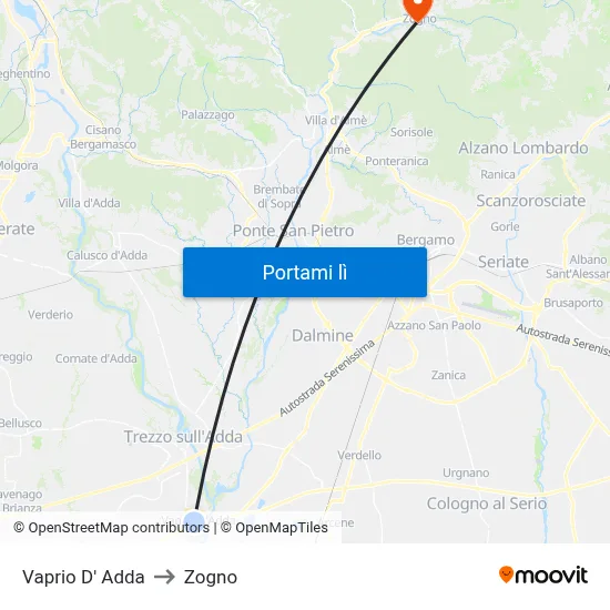 Vaprio D' Adda to Zogno map