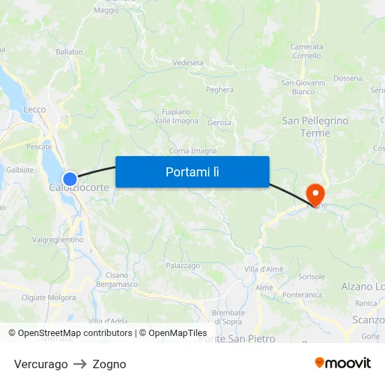 Vercurago to Zogno map