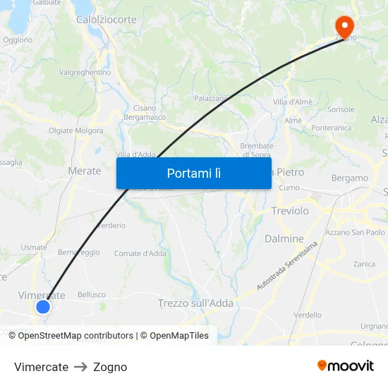 Vimercate to Zogno map