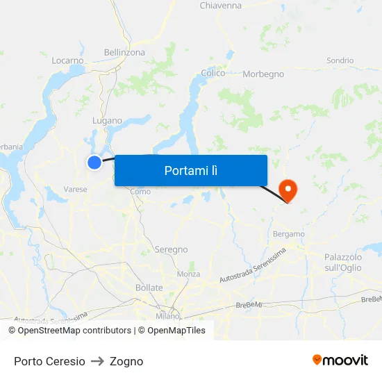 Porto Ceresio to Zogno map