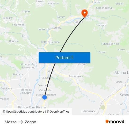 Mozzo to Zogno map