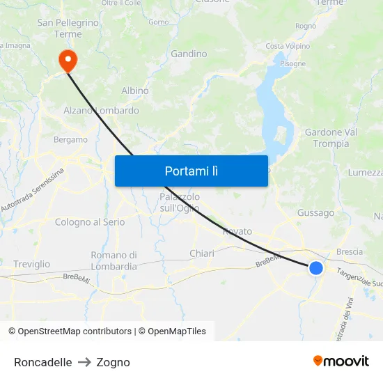 Roncadelle to Zogno map