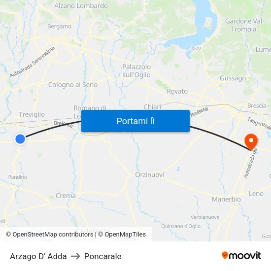 Arzago D' Adda to Poncarale map