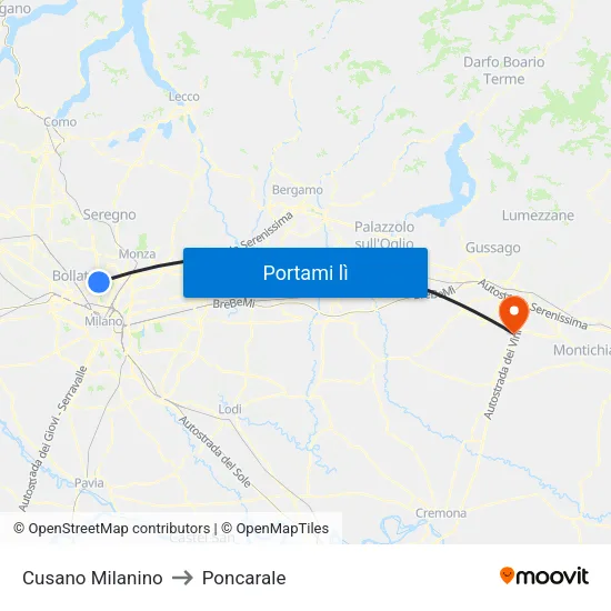 Cusano Milanino to Poncarale map