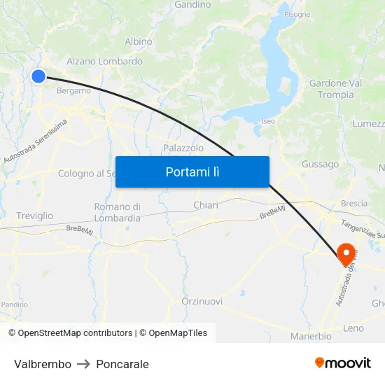 Valbrembo to Poncarale map