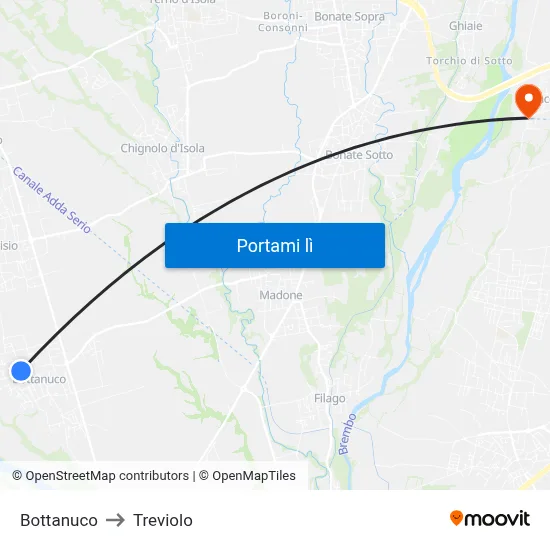 Bottanuco to Treviolo map