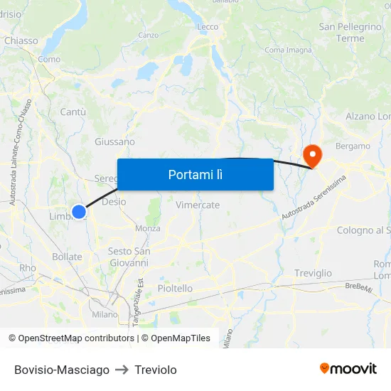 Bovisio-Masciago to Treviolo map