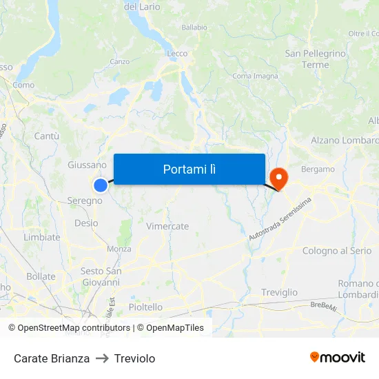 Carate Brianza to Treviolo map